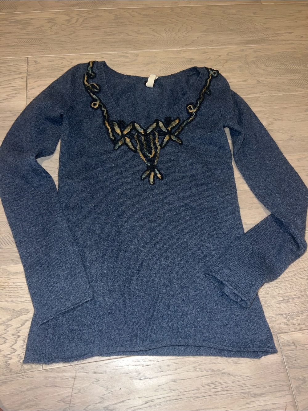 Blue Sweater with Embroidered Neck Detail by We The Free. P/Sm Retail $89